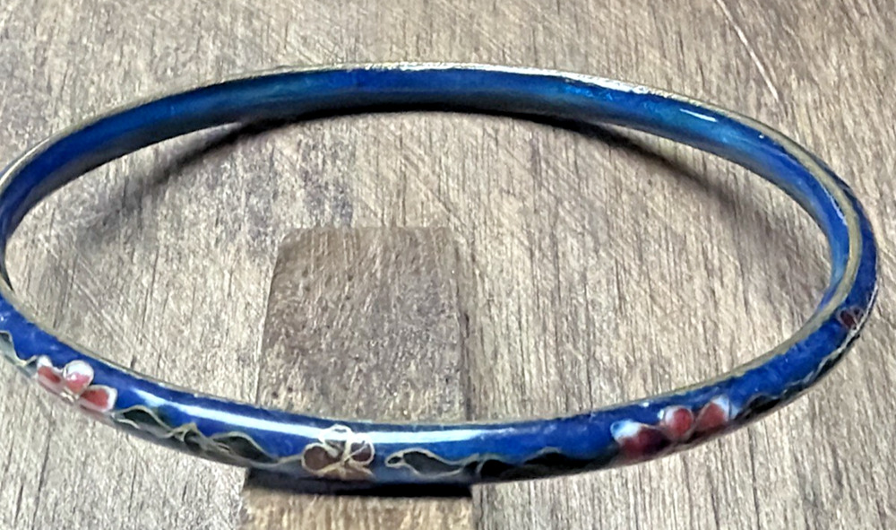 Vintage Chinese Cloisonne Floral Flower Bangle Bracelets Blue Enamel As Is